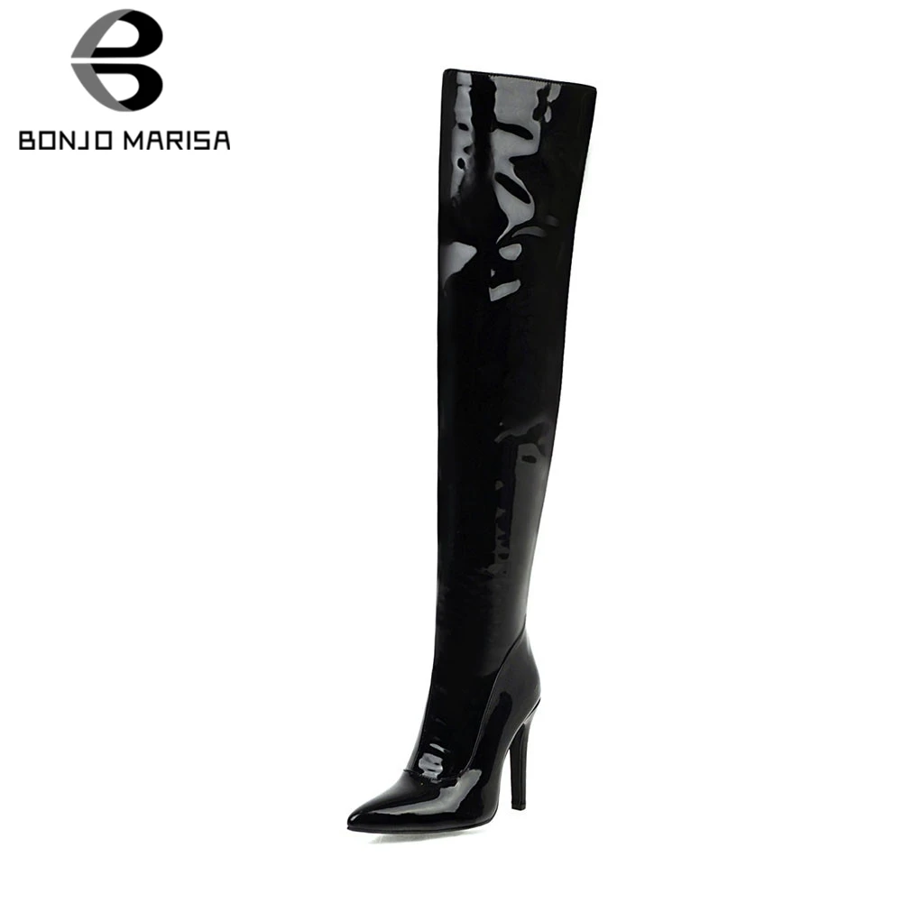

BONJOMARISA New 32-48 Party Patent PU Over The Knee Boots Ladies Sexy Thigh High Boots Women High Heels Evening Shoes Woman