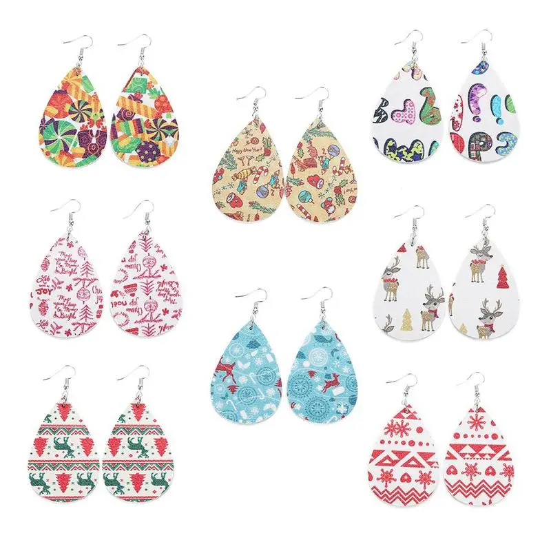 

1 Pair European And American Christmas Earrings Drop-shaped leather earrings Christmas element earrings Bohemian Pendant Earring