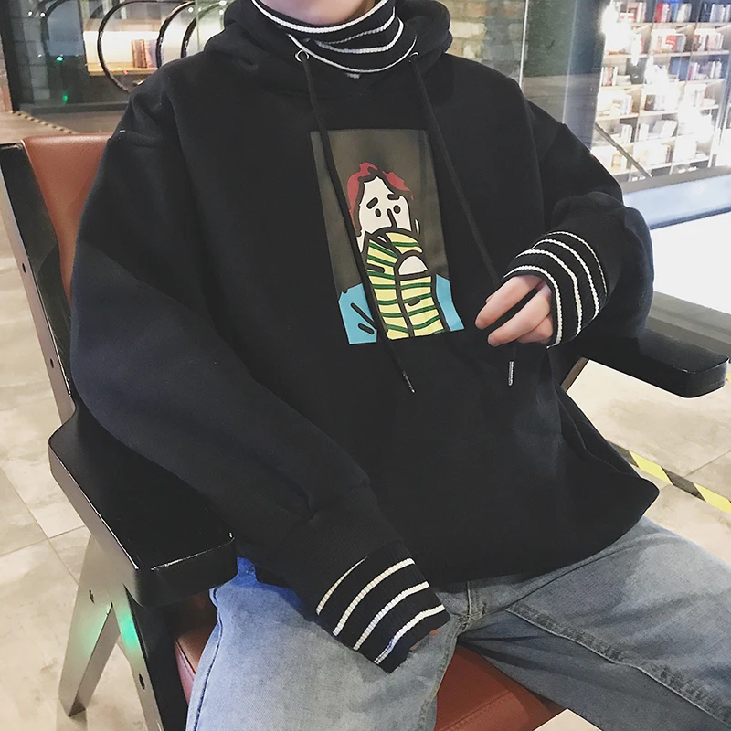 

19 Autumn New Japanese Korean Couple Fake Two Hooded Loose Leisure Men's Casual Pullover Streetwear Hip Hop