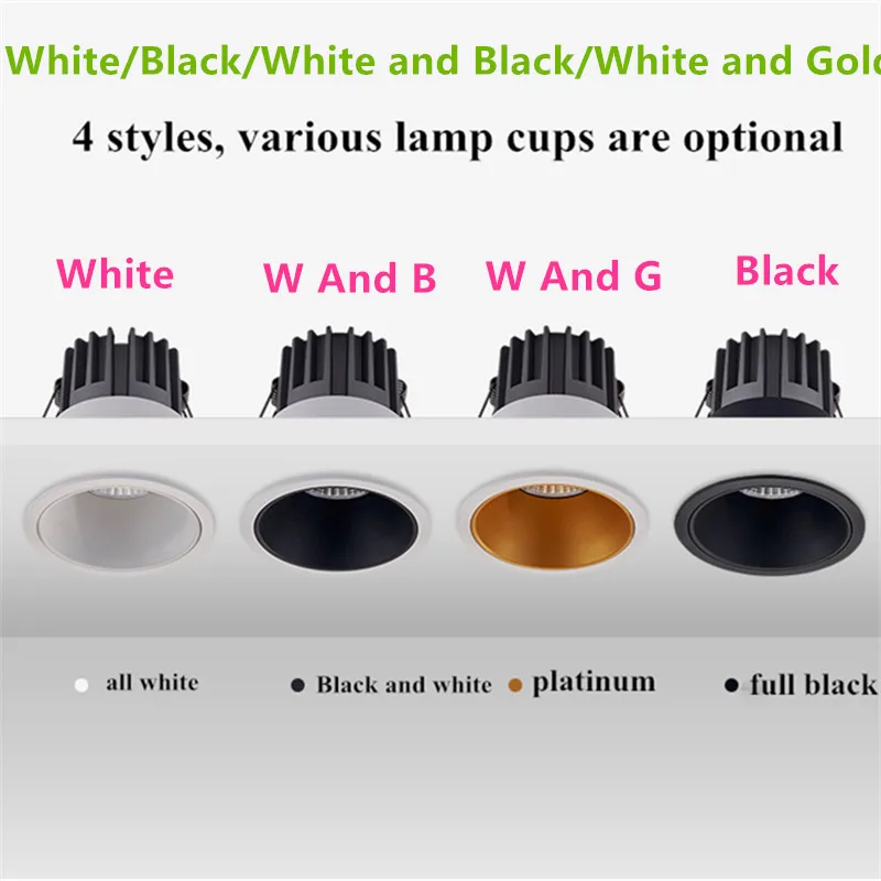 Dimmable COB chip LED Downlights 9W 12W 15W 20W LED Ceiling Lamp Spot lights Background Lamp Indoor Lighting Led Downlight Recessed Ceiling Spotlight Ceiling Lamps