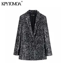 Винтажный стильный офисный пиджак с карманами и блестками, пальто для женщин, модная женская верхняя одежда с длинным рукавом и зубчатым воротником, шикарные топы