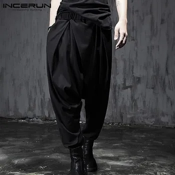 

INCERUN Punk Style Mens Harem Pants Elastic Waist Casual Joggers Street Drop-crotch Pants Fashion Irregular Trousers Men S-5XL