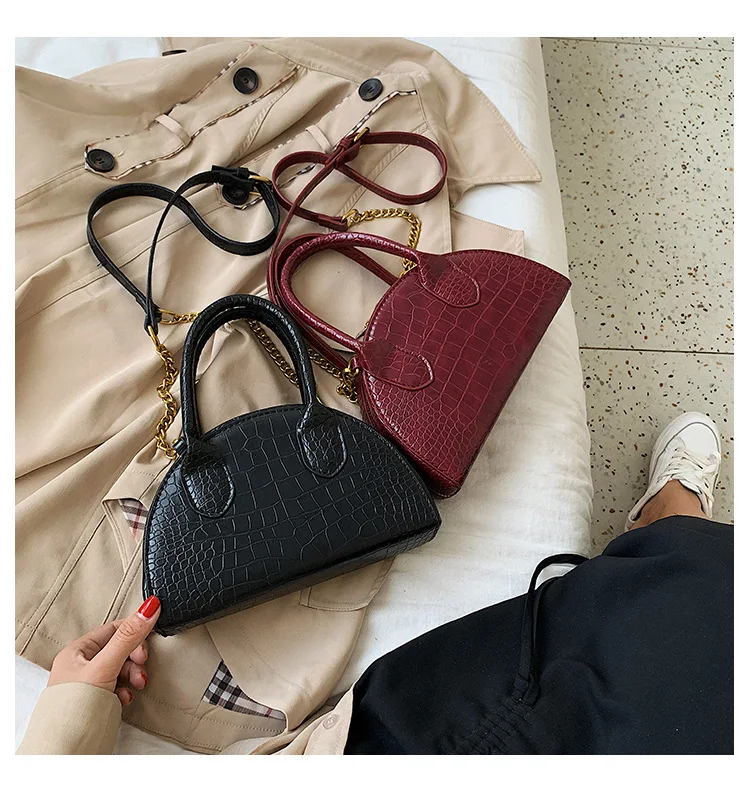 Ladies Mini Half Moon Tote Crocodile Pattern PU Leather Top Handle Bags for Women Brand Designer Crossbody Bag Green Red Handbag (3)