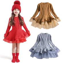 Осенне-зимние Хлопковые вязаные детские платья для девочек, Новогодняя одежда красное рождественское платье для девочек детская одежда с длинными рукавами