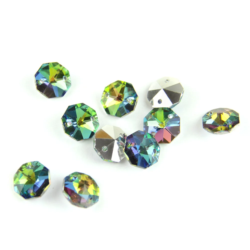 50PCS 14mm Crystal Glass Prisms Octagonal Beads Pendant Hanging Prisms Green Blue Aqua Silver For DIY Light Lamp Part Decoration