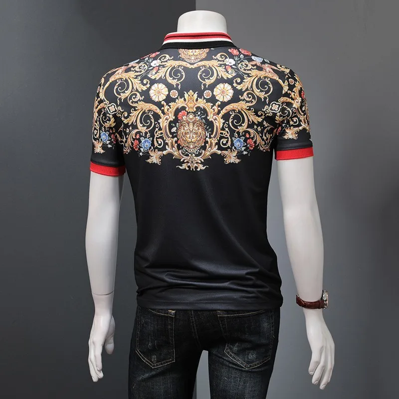 

European Summer New Brand Mens Short Sleeve Turn Down Collar Tees Top Fashion Vintage Priting Slim Fit Male T-Shirts Plus Size