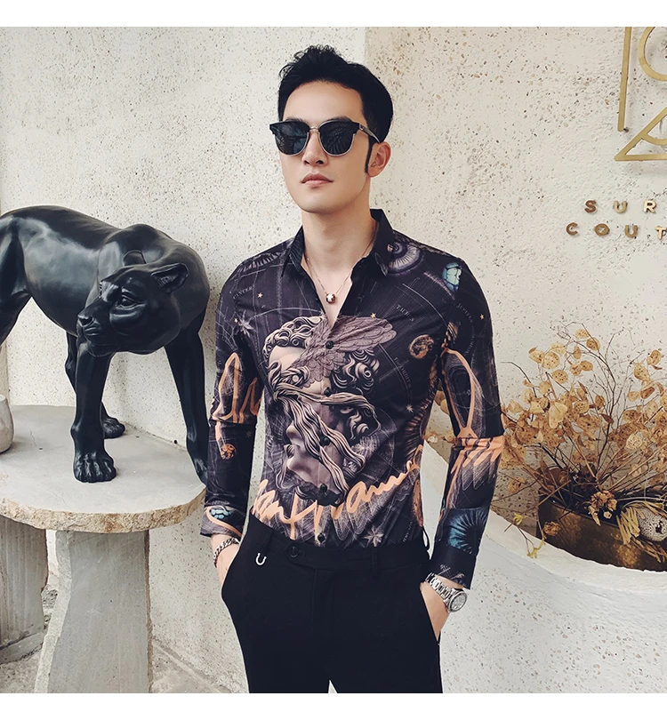 Повседневная приталенная мужская одежда Camisa Masculina, уличная сорочка Homme Manche Longue с принтом, мужская рубашка с длинными рукавами