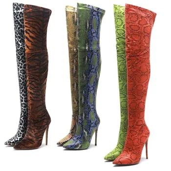 

Sexy Leopard Over The Knee Boots Fashion Cozy Stretch Fabric High Heels Novelty Metal Zipper Breathable Women Shoes Botte Femme