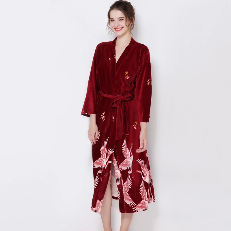 Осенне-зимний велюровый женский халат, комплект из 2 предметов, ночное белье, повседневное кимоно, банный халат, сексуальное ночное платье для невесты, платье подружки невесты - Цвет: wine red robe