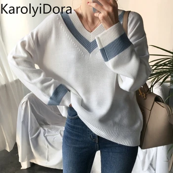 

V-neck sweater han edition college female new winter wind small pure and fresh and thick white turtleneck sweater coat render un