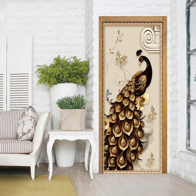 

3D Door Sticker Self Adhesive Peacock Relief Picture Decal Home Decoration PVC Paper For Living Room Waterproof Print Artwork
