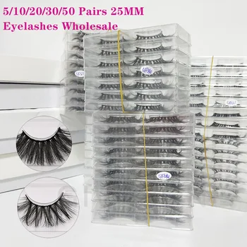 

Wholesale 5D Mink Eyelash In Bulk 5/10/20/30/50Pairs 25MM Lash Long False Lashes Full Strip Thick Fake Eyelashes With Clear Tray