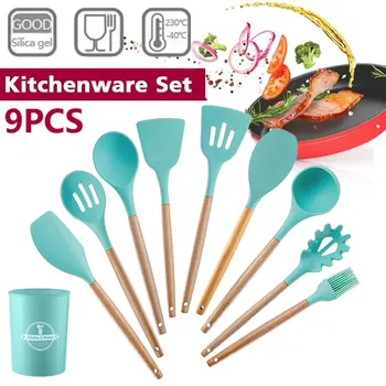 

Silicone Cooking Utensils Антипригарный Non-stick Spatula Shovel Wooden Handle Cooking Tools Set With Storage Box Kitchen Tools