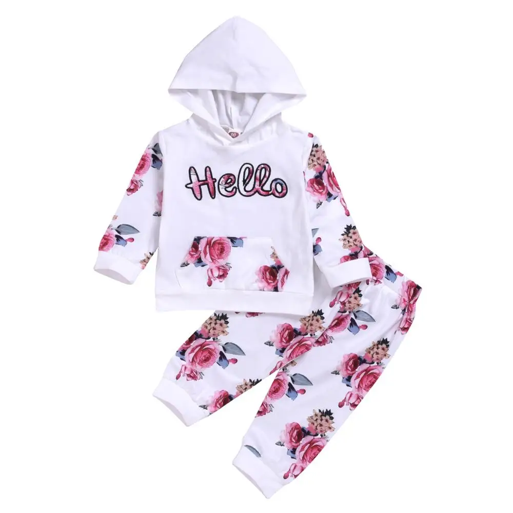 

2 pieces Baby Girls Long Sleeve Flowers Hoodie Tops and Pants Tracksuit Outfit with Pocket Spring Autumn Outfit