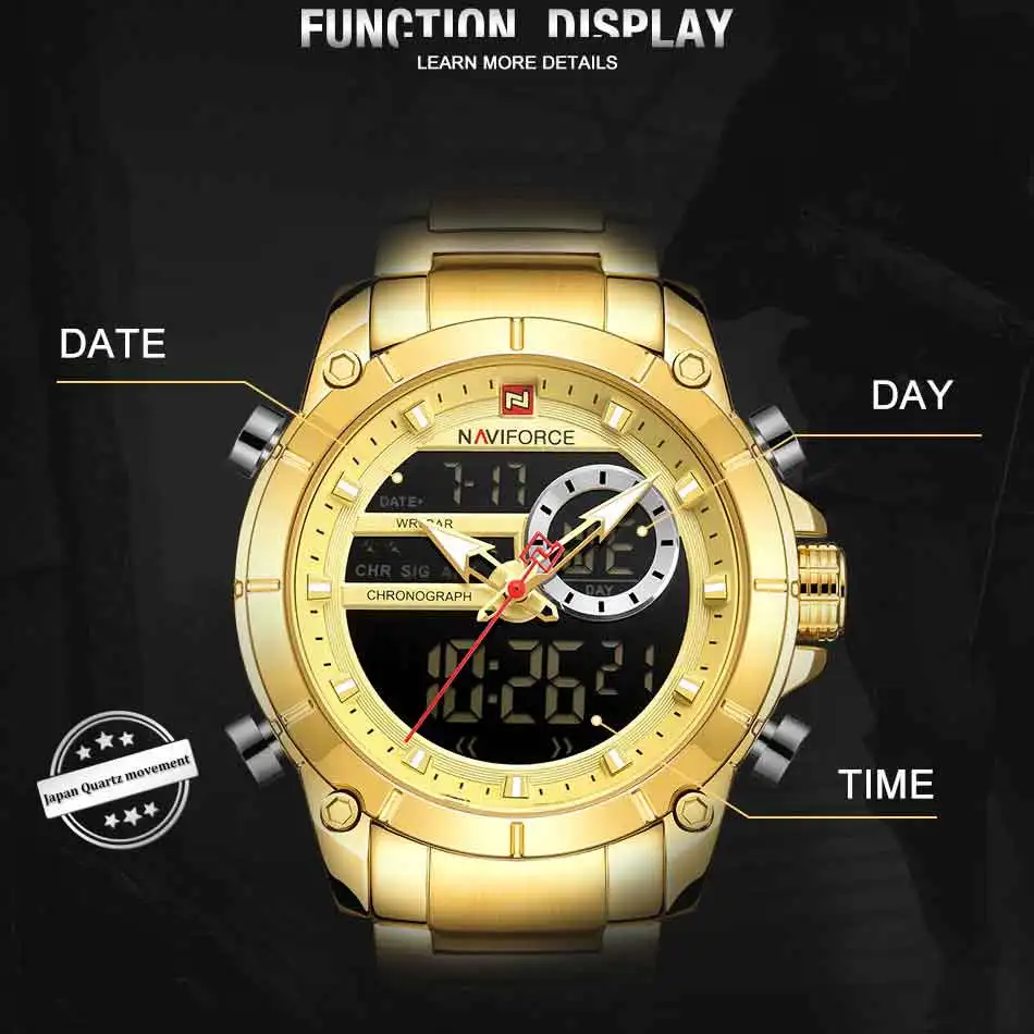 Новинка NAVIFORCE мужские военные модные часы золотые кварцевые наручные часы сталь Водонепроницаемый двойной дисплей мужские часы Relogio Masculino