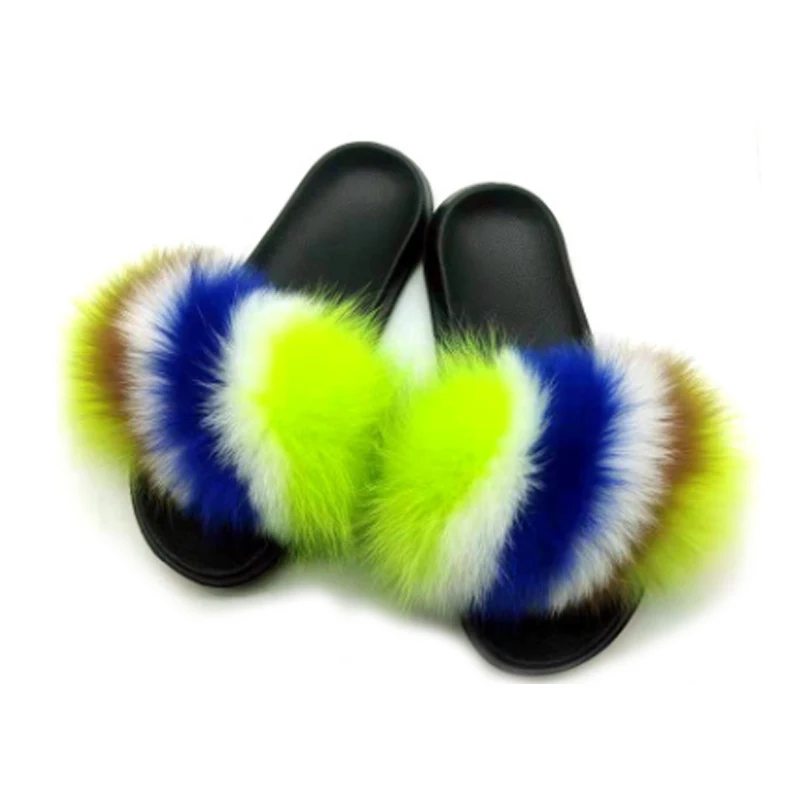 Женские меховые шлепанцы сланцы из натурального меха енота повседневные летние