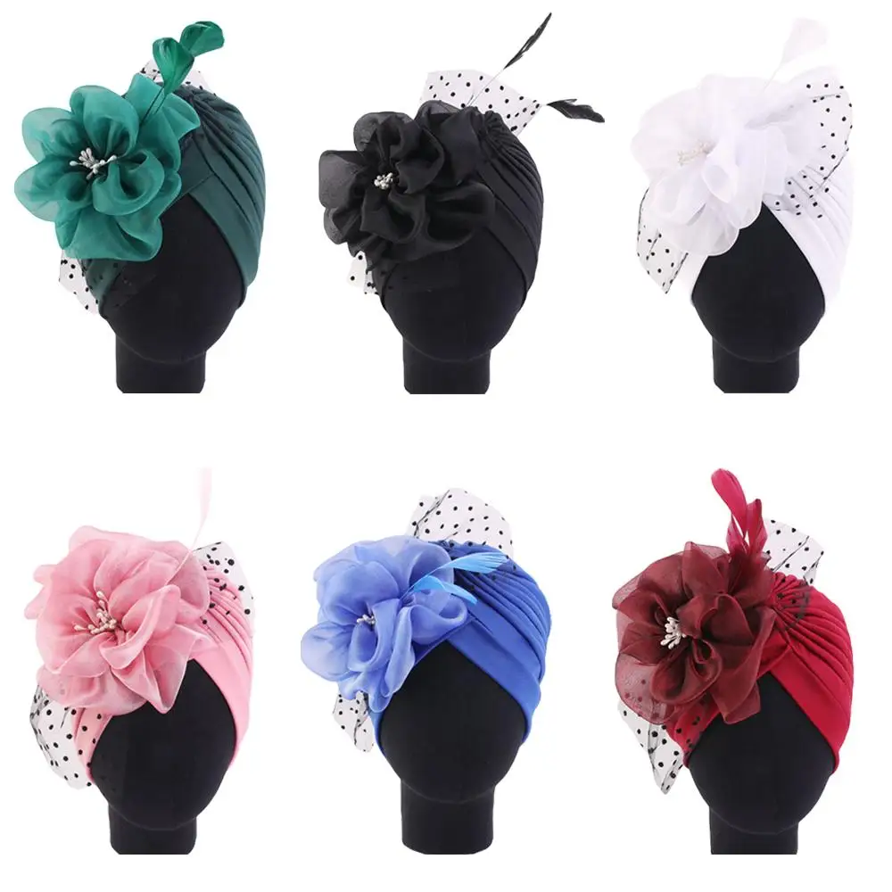 Big Flower Muslim Women Indain Hat Scarf Caps Chemo Turban Islamic Head Cover Party Evening Bonnet Pleated Vintage Elegant Hat