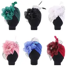 Big Flower Muslim Women Indain Hat Scarf Caps Chemo Turban Islamic Head Cover Party Evening Bonnet Pleated Vintage Elegant Hat