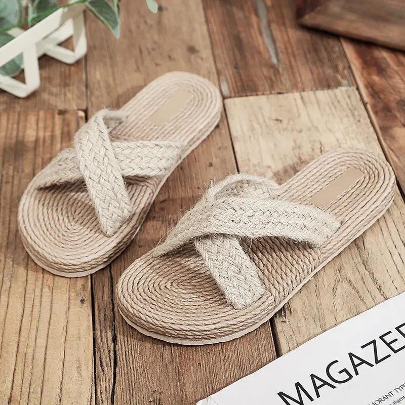 Minimalist Cross Band Women Slide Sandals Beach Hemp Rope Slides Espadrille Flip Flops Two Straw Straps Shoes | Обувь