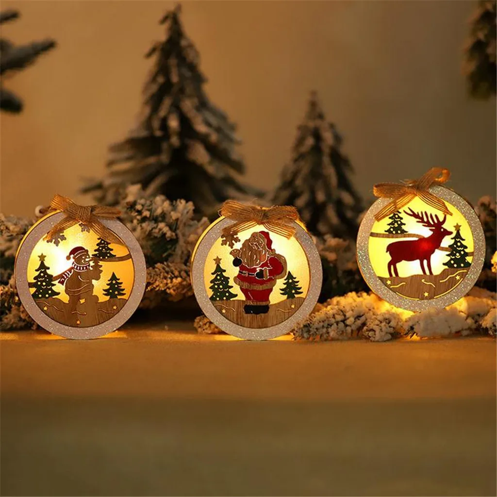 Милый светодиодный светильник, Деревянная Рождественская елка, висячие украшения, Круглый Санта Клаус, лось, снеговик, полый дизайн, праздничное украшение, navidad F92