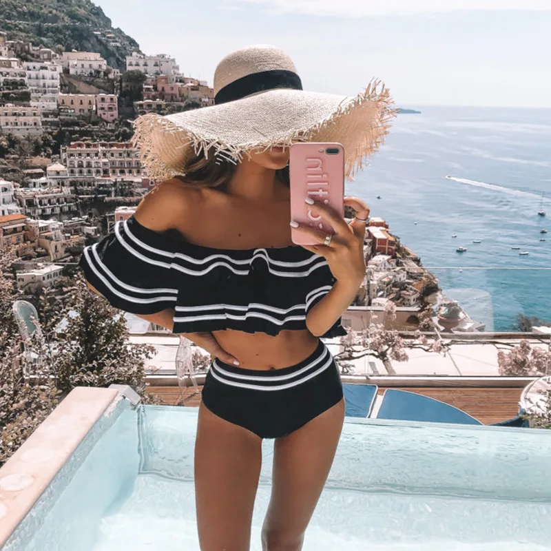 

High Waist Bikini Set 2020 Two Piece Tankini Sexy Off Shoulder Swimwear Women Swimsuit Ruffle Bathing Suit Beachwear Biquini fem