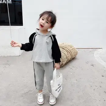 

2020 Korean style girls 2 pcs set hooded t-shirt+long pants fashion spring girls suit 1-6t HM407