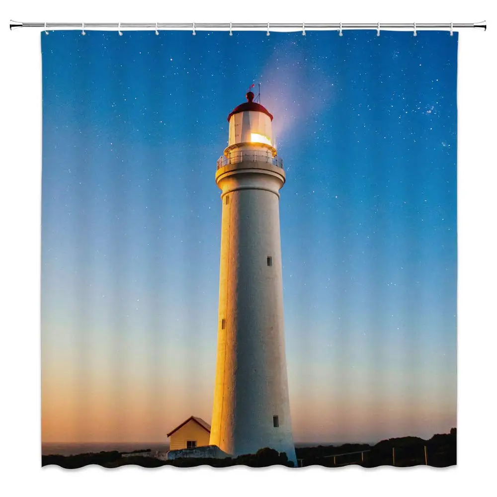 

Lighthouse Shower Curtain Decor Ocean Sea House Blue Starry Sky Scenery Landscape Creative Bathroom Curtain Polyester Fabric