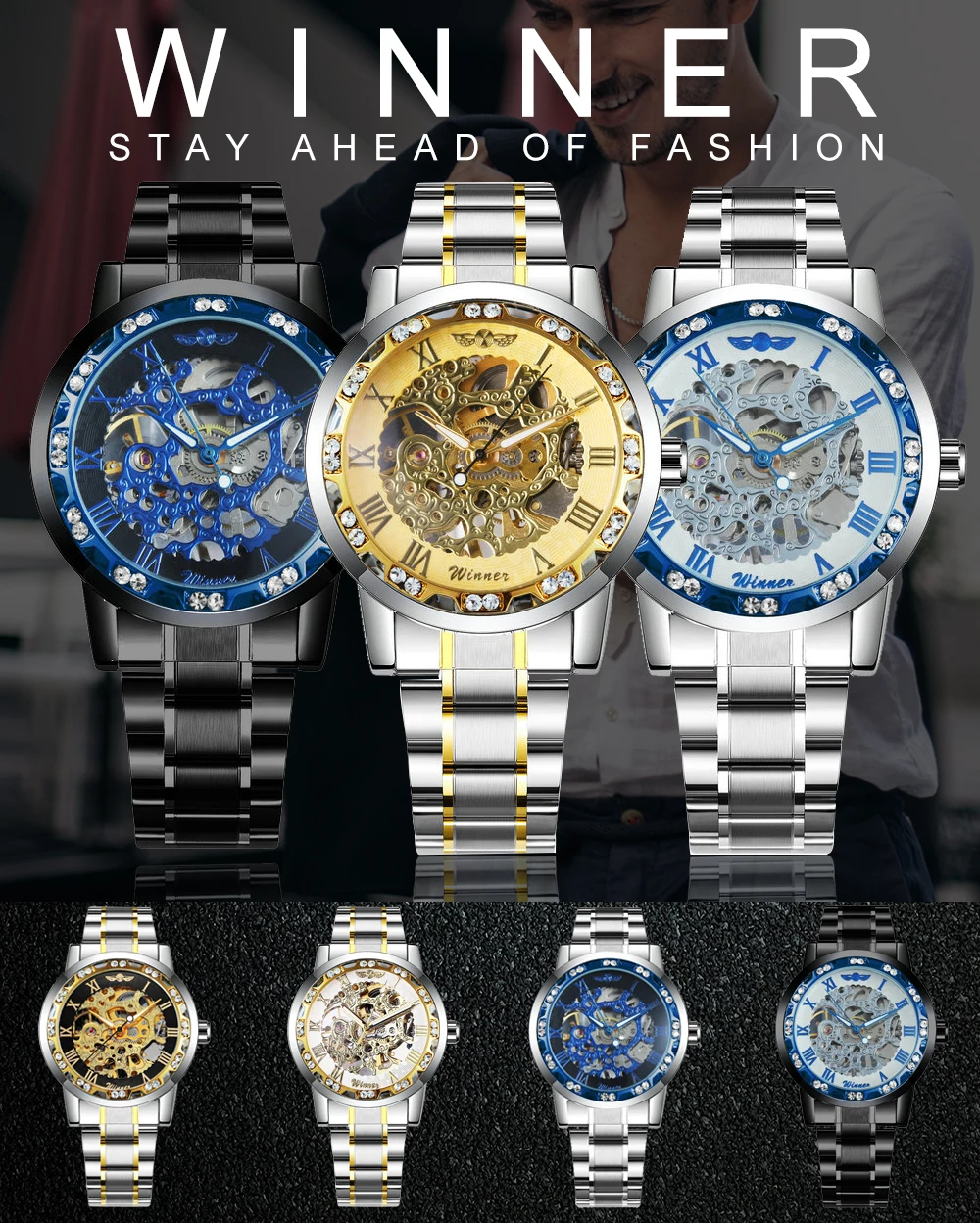 Cheap WINNER Official Skeleton Mechanical Watch Men Hip Hop Crystal Iced Out Mens Watches Top Brand Luxury Steel Strap Business Clock