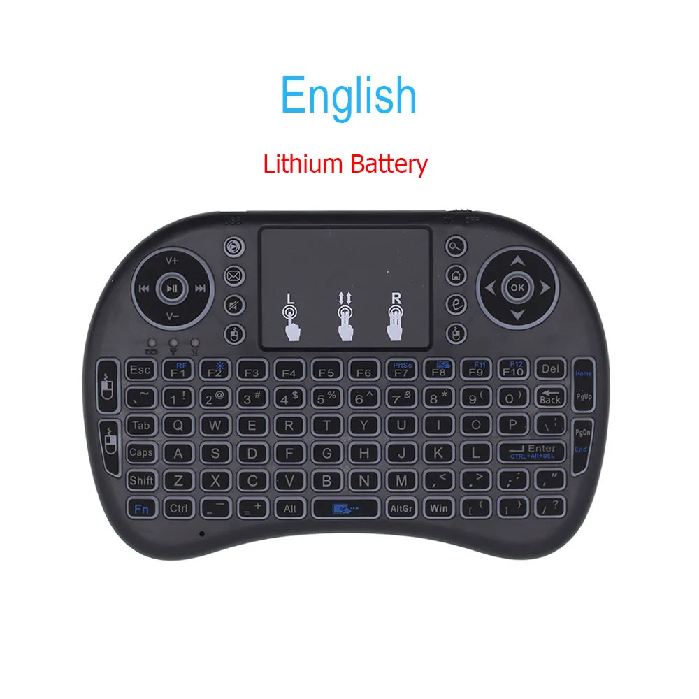 English Lithium I8 Мини Беспроводная клавиатура Русский Французский Испанский Air mouse с подсветкой с тачпадом для Android tv Box Мини ПК иврит арабский 2,4 ГГц - Цвет: English Lithium