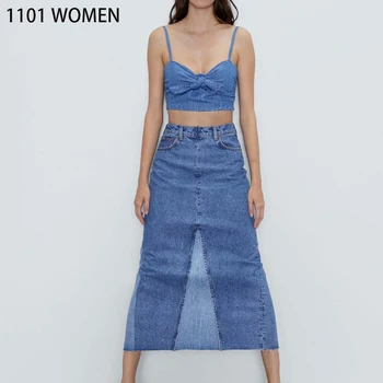 

2020 NEW Spring women's denim patchwork pockets mid-calf skirt female fashion casual woman clothes