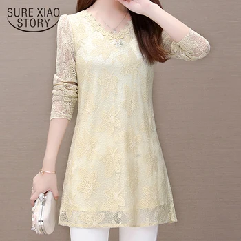 

Bow V Collar Plus Size 2020 Spring New Mid-length Shirt Bottom Pink Lace Blouse Long Sleeve Women Tops and Bouses Female 7987 50