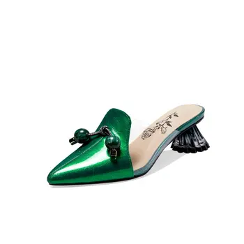 

2020 Summer Strange high Heels shoes Woman slippers Slip on genuine Leather Rome Party Night Club Shoes Woman