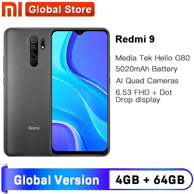 Глобальная версия Redmi 9 4 ГБ 64 смартфон Восьмиядерный Media Tek Helio G80 13 МП задняя камера