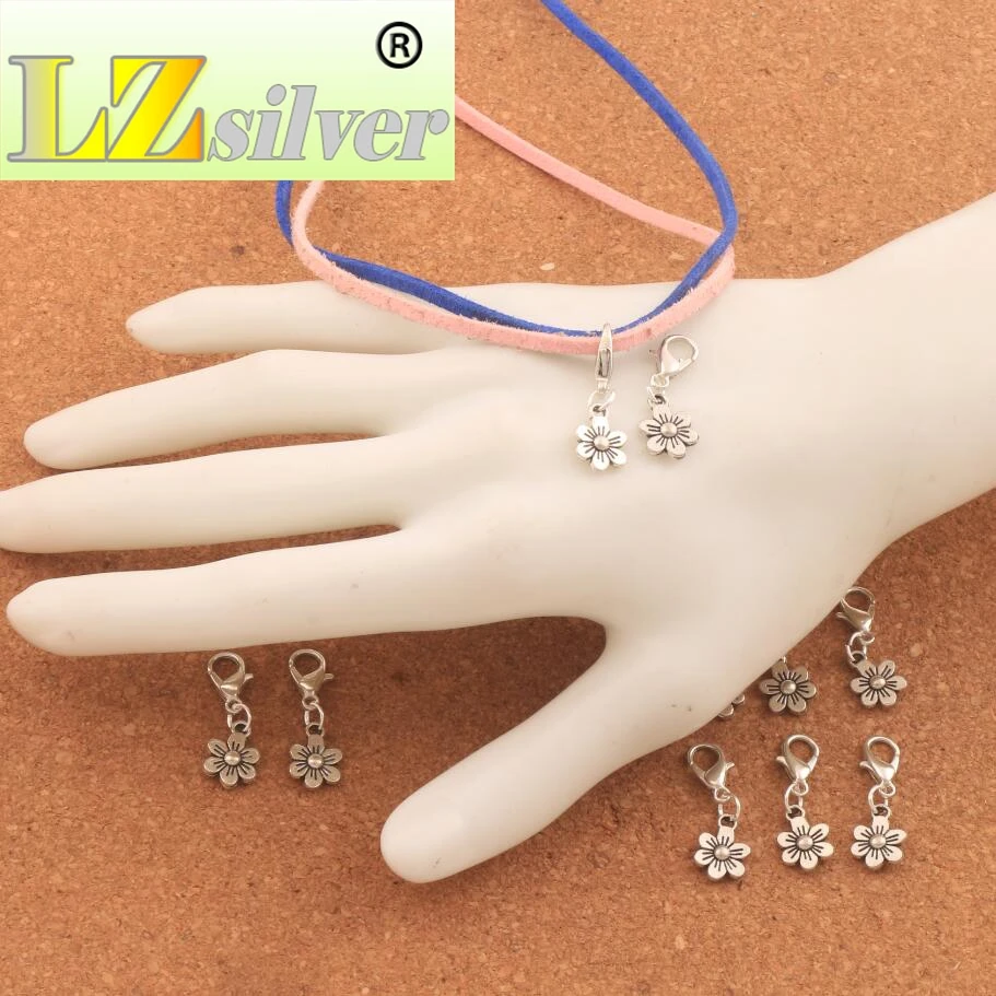 Small Plum Flower Lobster Claw Clasp Charm Beads 8.7x26.3mm 100pcs zinc alloy Jewelry DIY C320 LZsilver