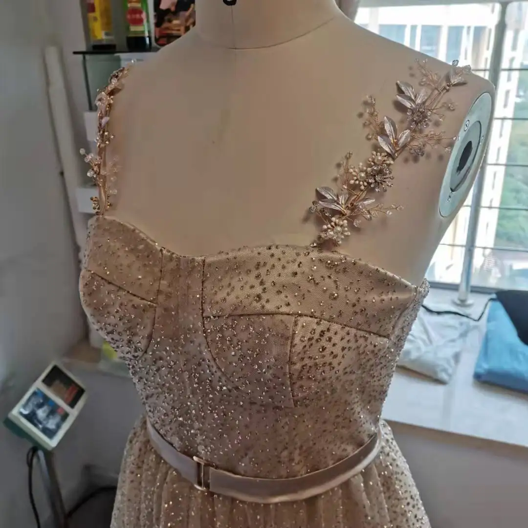 Verngo Glittery Gold Dotted Tulle Short Prom Dresses Pockets Shiny Straps Boning Tea Length Graguation Party Dress