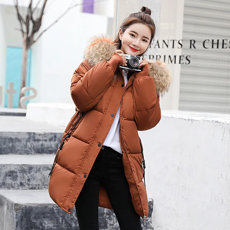 

For 2019 Winter New Style Large Fur Collar Slim Fit Women Coat Mid-length Casual down Jacket Cotton-padded Clothes Coat