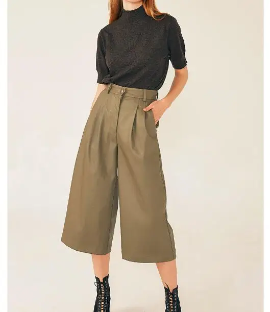 Высококачественные новые женские кожаные брюки с высокой талией, широкие брюки средней длины из искусственной кожи, женские модные брюки