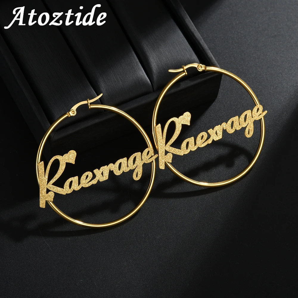 Atoztide Personalized Name Stainless Steel Letter Earrings For Women Custom Name Circle Frosted Earrings  Party Jewelry Gift