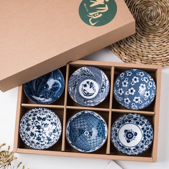 

Gift Bowl Set Japanese Household Ceramic Tableware Blue and White Porcelain Bowl Tableware Gift Box Cartoon Character