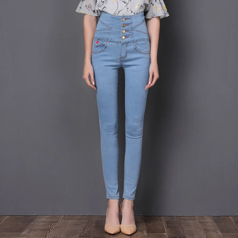 

2020 New Style High Waist Embroidered Denim Pants Feet Pants Large Size Skinny Ladies Ripped Jeans Woman Mujer Women