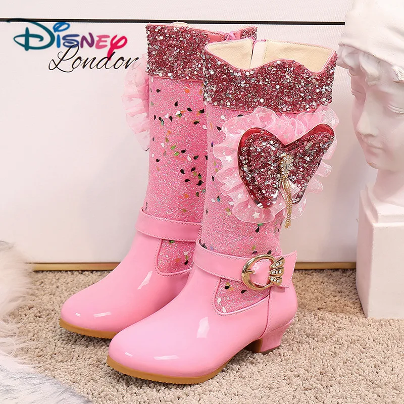 Disney/Новые высокие сапоги с бантом; обувь для девочек на высоком каблуке; сезон осень-зима; теплые детские сапоги с блестками; зимняя обувь - Цвет: Pink