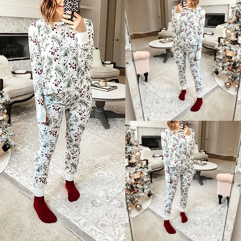 

2020 Autumn and Winter Printed Long-sleeved Round Neck Casual Home Suit European and American Women's Two-piece Suit