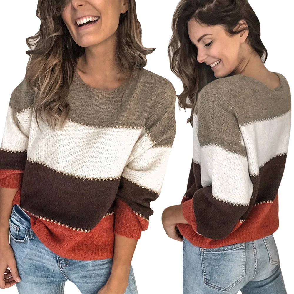 

Women Color Collision Splice Sweater Autumn Winter Stripe O-Neck Long Sleeve Pullover Fashion Lady Streetwear Casual Loose Tops