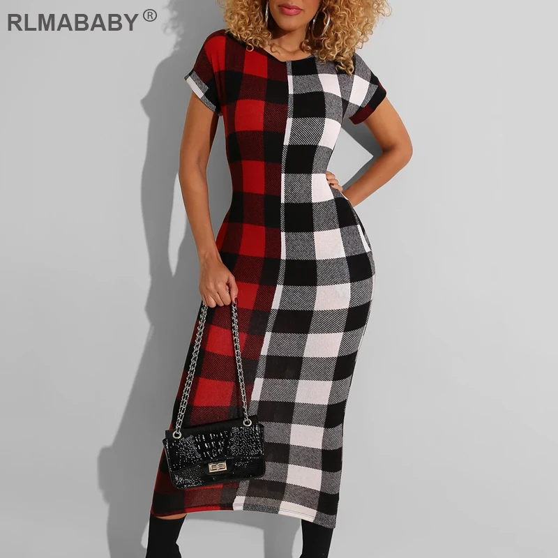 

RLMABABY 2020 Spring Summer Plaid Patchwork Sexy Women Long Maxi Dress O Neck Short Sleeve Bodycon Dress Club Party Casual Dress