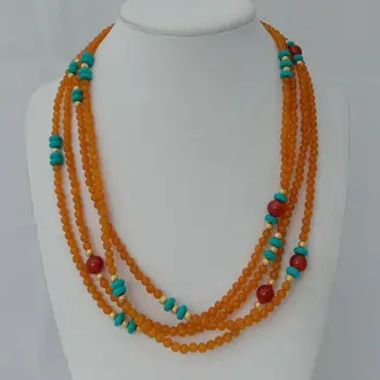 

19'' 4 Strands Orange J1ade Red A1gate T1urquoise Necklace Earrings Set