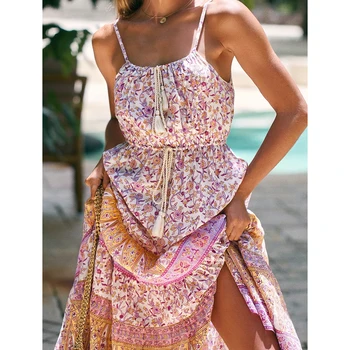 

Lilac Floral Strap Maxi Dress Women Sleeveless Backless Loose Sundress 2020 Beach Hippie Vintage Long Dresses vestidos de fiesta