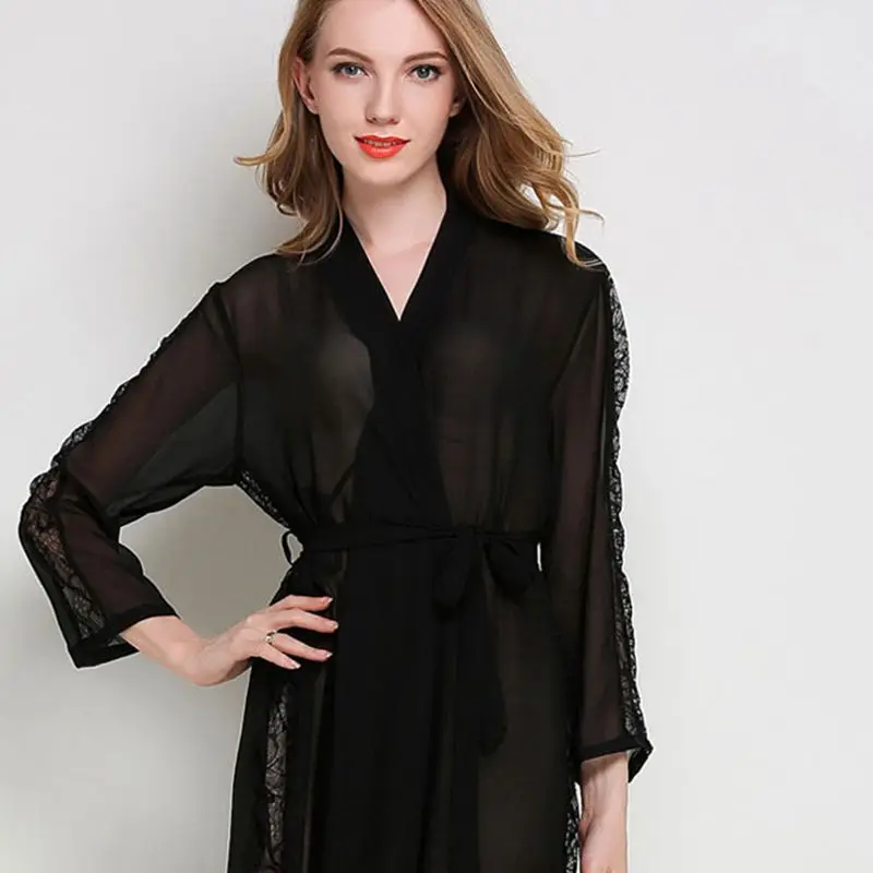 Pajamas Ladies Nightgown Lace Sexy Pajamas Bathrobe Casual Home Wear домашняя одежда для женщин ONE SIZE - Цвет: black