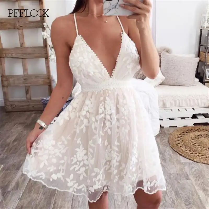 sexy spaghetti strap embroided backless cocktail bodycon dress