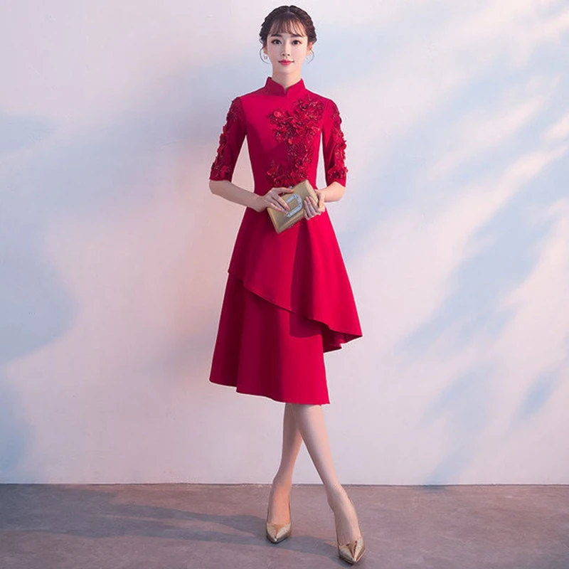 Новая одежда для невесты, китайское традиционное свадебное платье cheongsam на весну и лето, красное платье средней длины, китайское платье с открытой спиной, Женская юбка