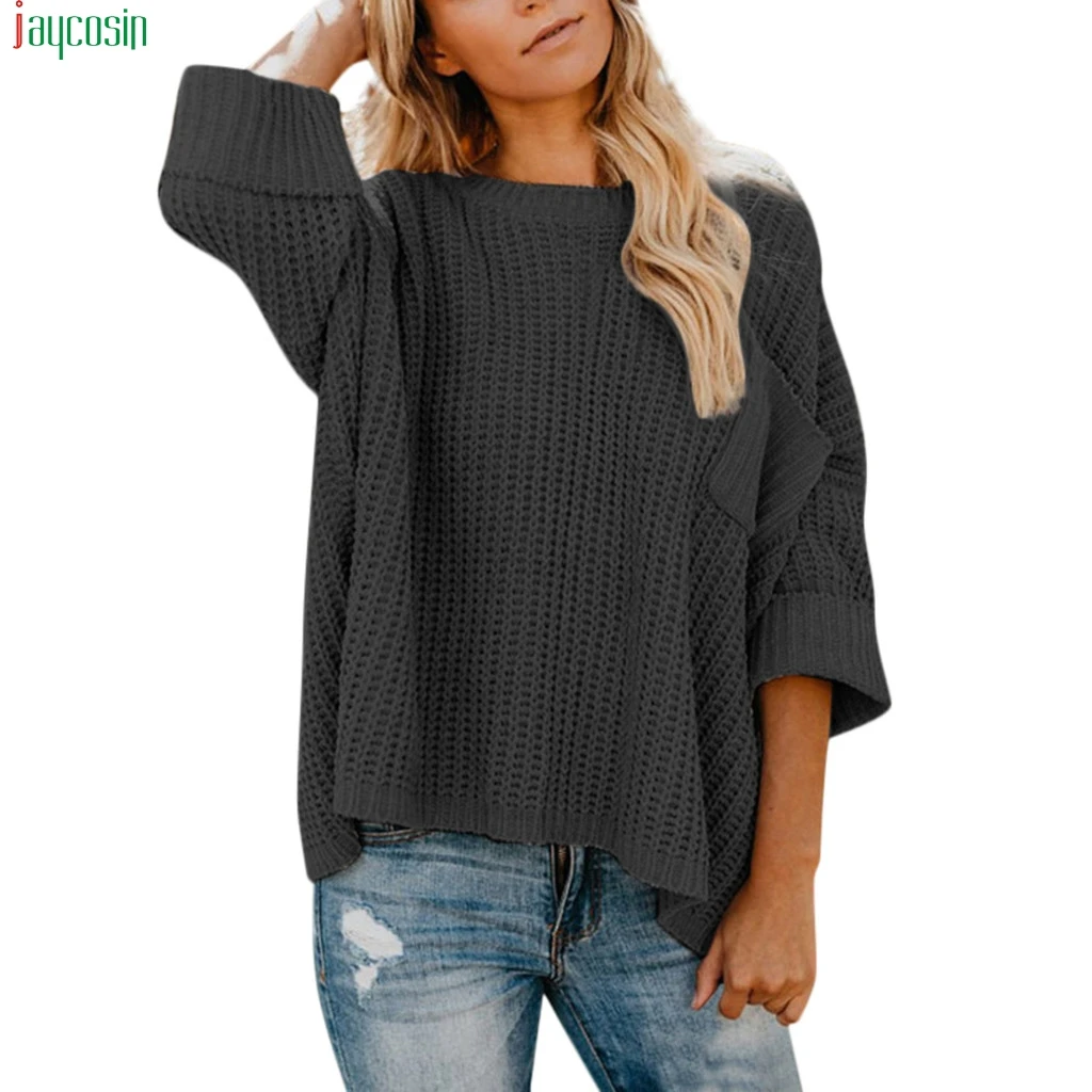 

JAYCOSIN Women's Fashion sweater Women 2019 Solid Casual Off Shoulder Pocket Warm Loose Knitted Sweater Women Knitwear Tops